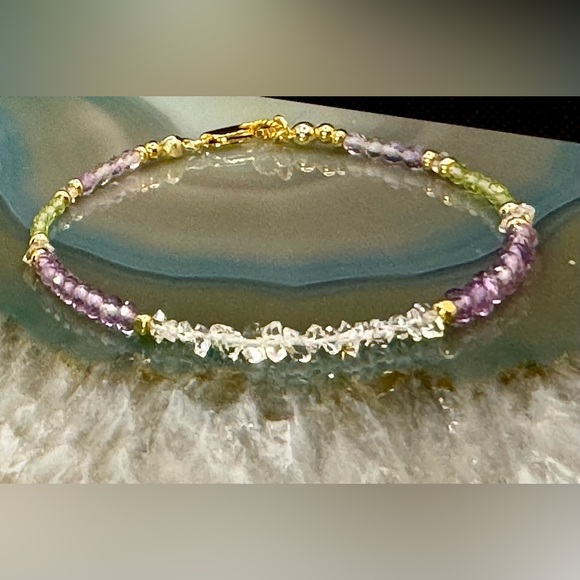 Herkimer Diamond Pink Sapphire Peridot Bracelet in 18kt Gold Vermeil - Picture 2 of 5